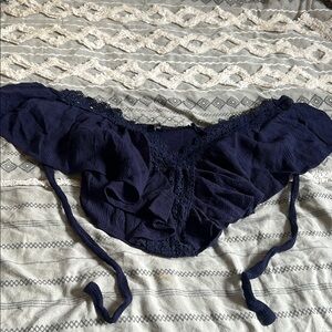 Navy Blue Lace Trimmed Off The Shoulder Top